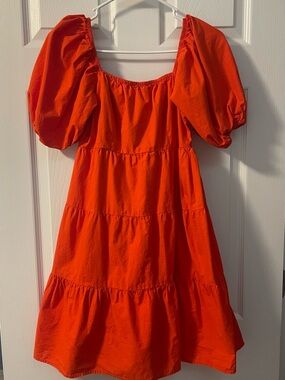 Bright Orange Puff Sleeve Tiered Mini Dress